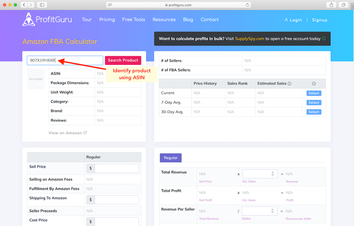 Amazon profit calculator - identify product by ASIN