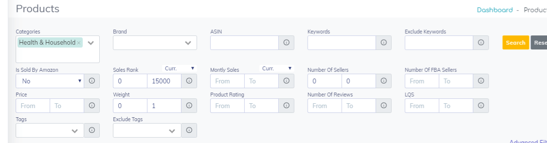 Products Filter on ProfitGuru