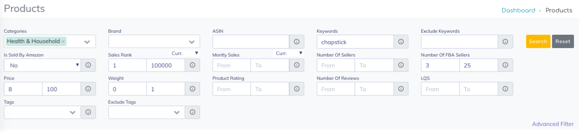 ProfitGuru Products filter for beauty products
