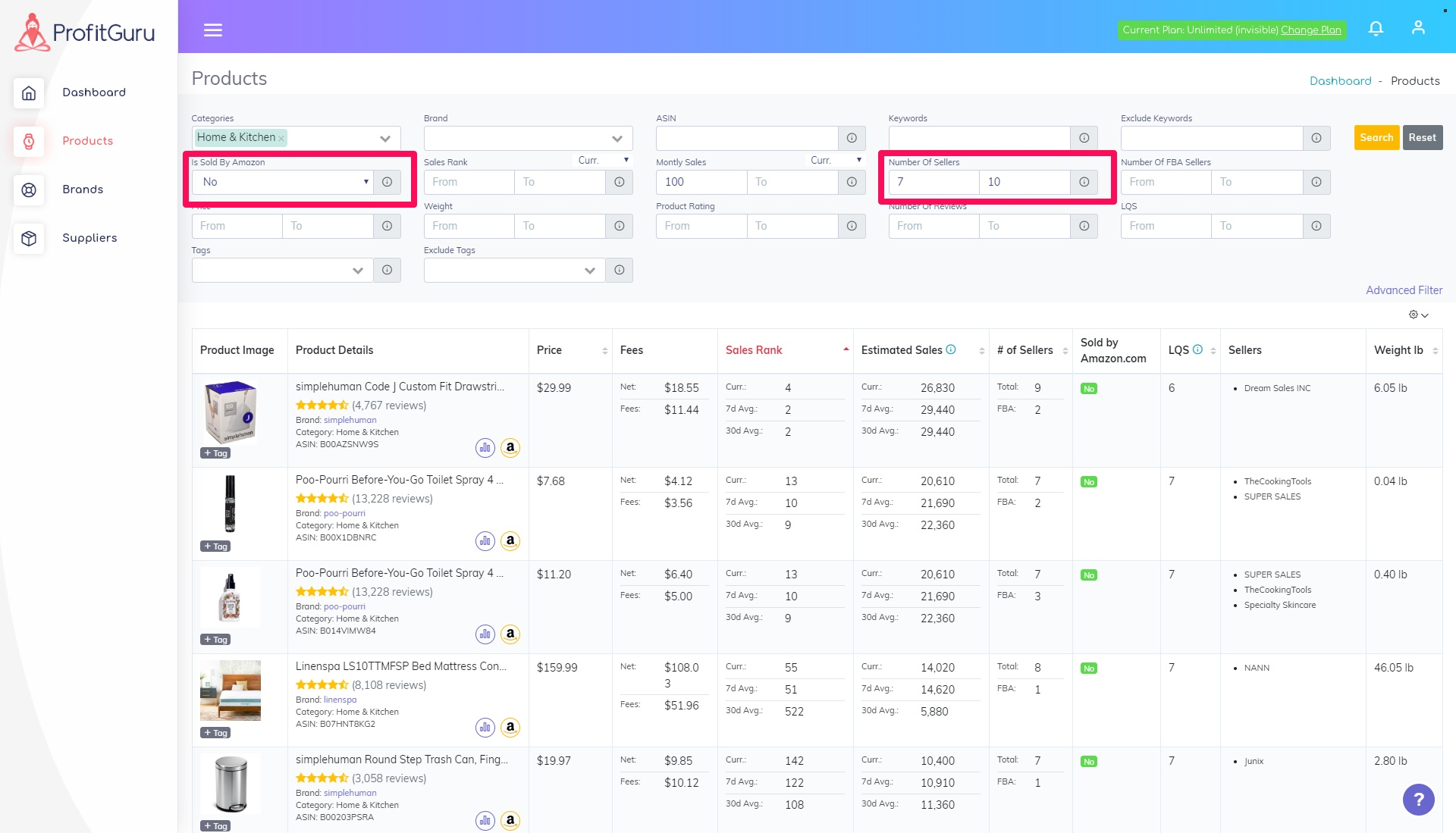 Profitguru search if product sold by Amazon and by number of sellers