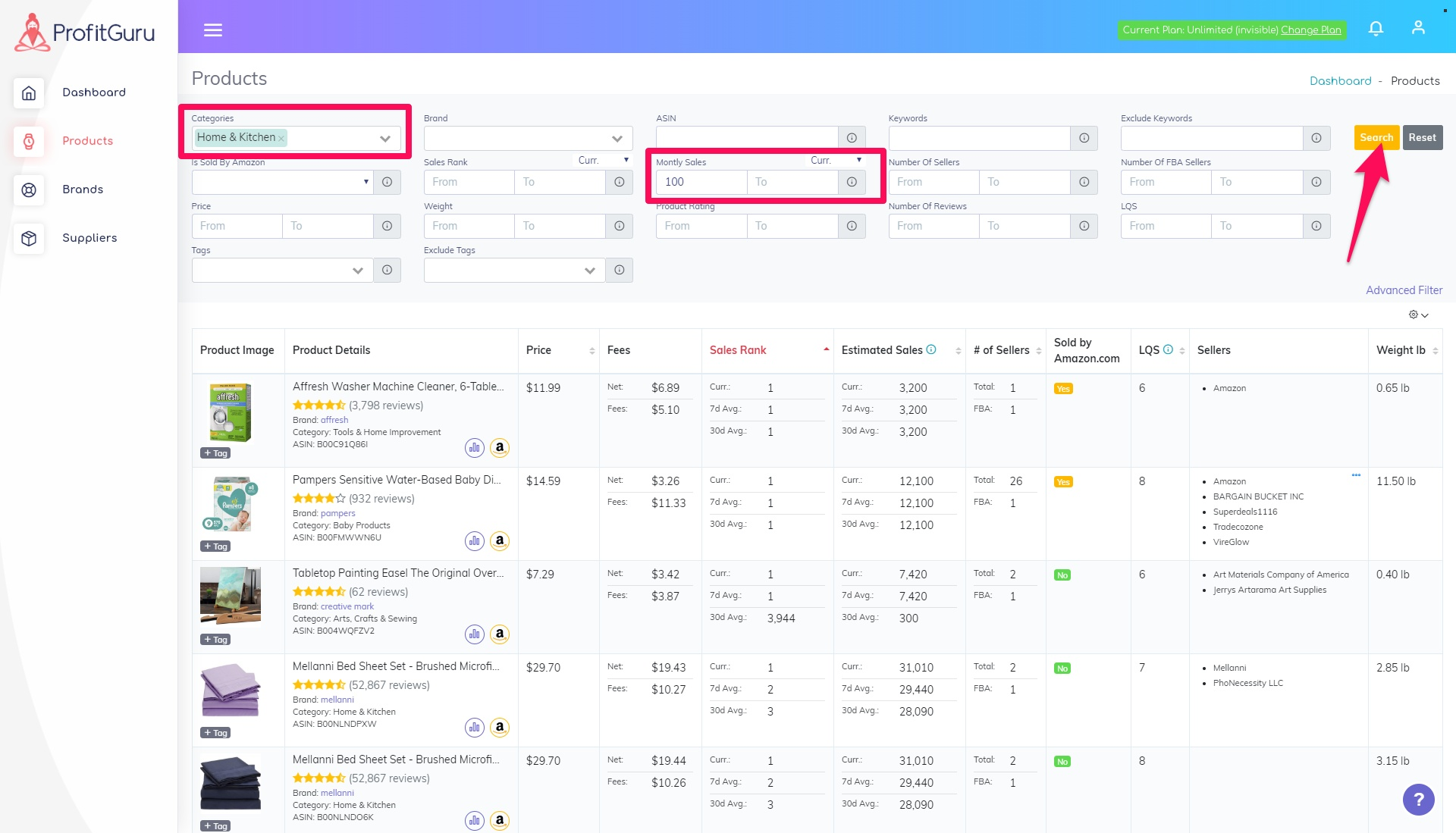 Profitguru advanced search filter