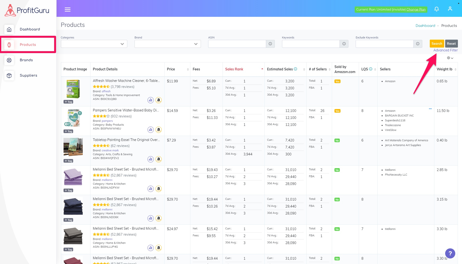 Profitguru advanced product search