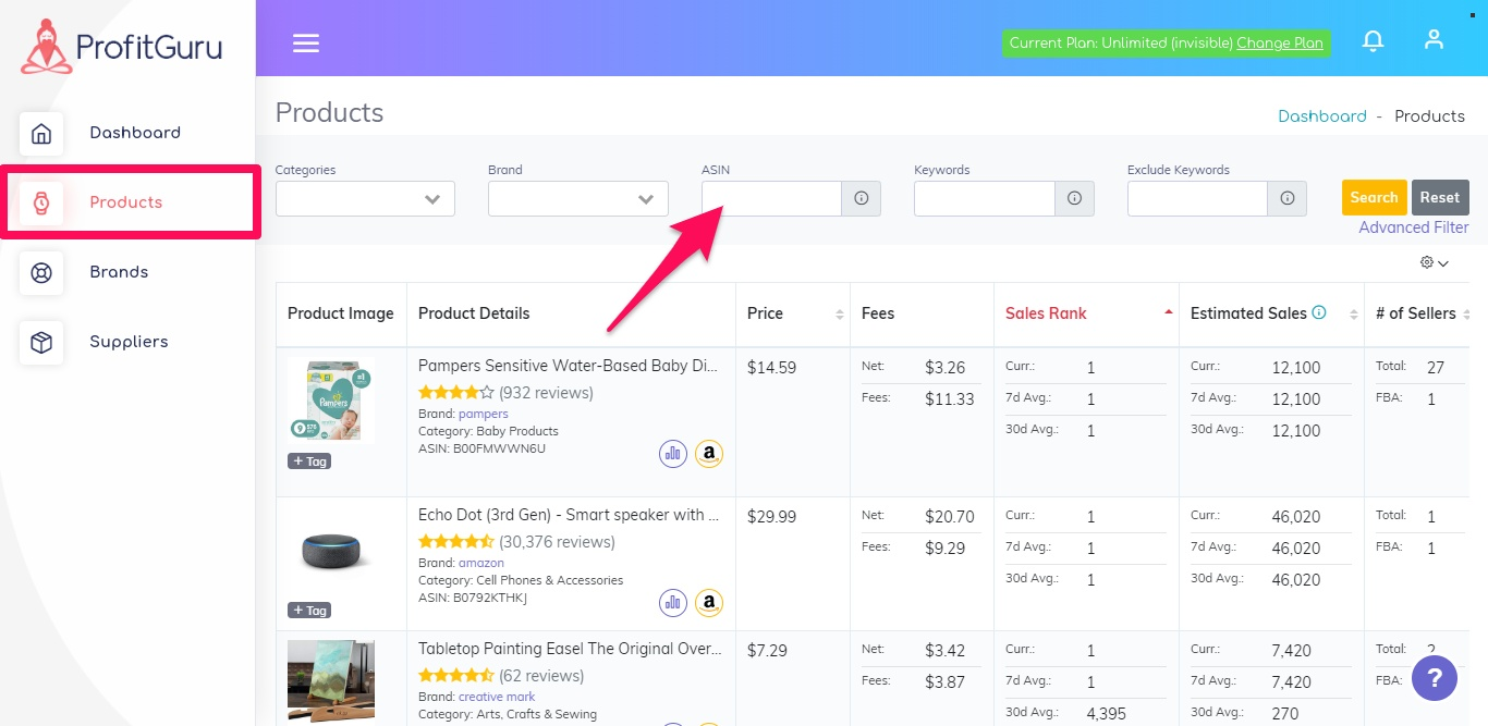 Profitguru search products by ASIN