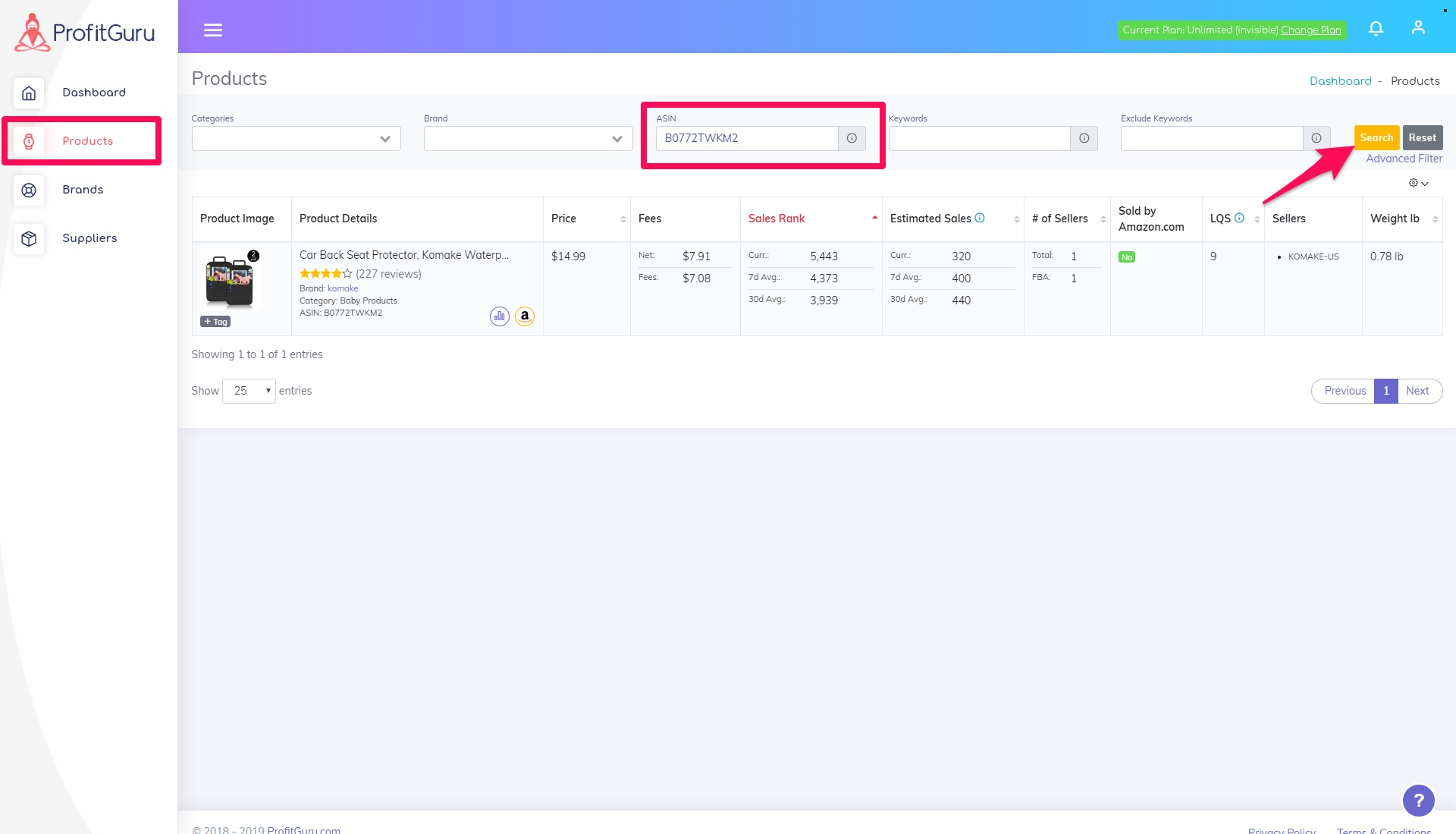 Search product by ASIN on Profitguru
